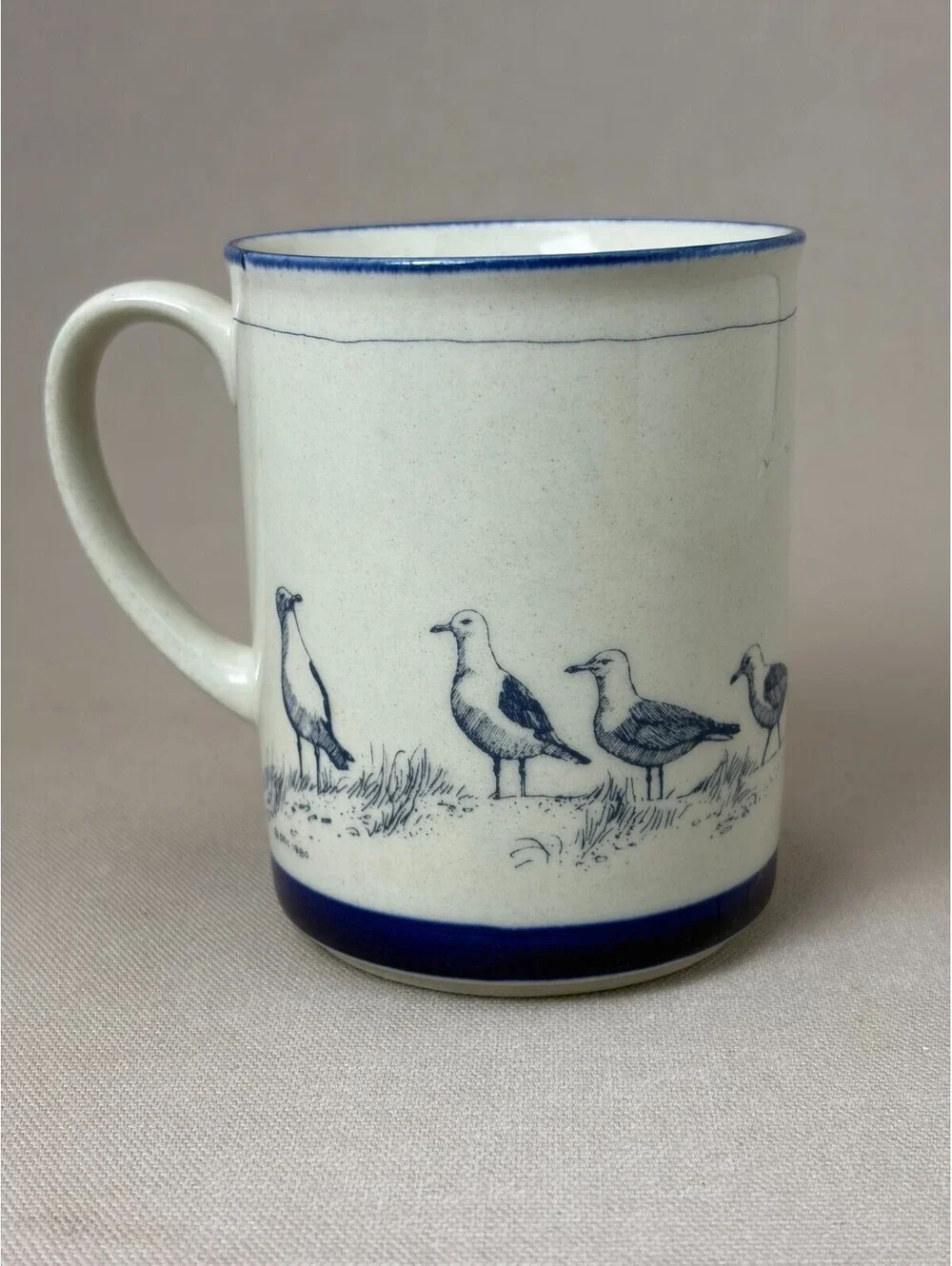 Vintage Seagulls Coffee Mug Nautical Coastal Shore Birds Ceramic Tea Cup Blue